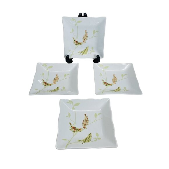 222 Fifth 6" Square Plates Set Bird & Leaf Botanical Ruffle Appetizer/Dessert - Picture 1 of 7